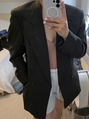 Vintage Oversized Black Double Breasted Blazer Structured Power Jacket Large